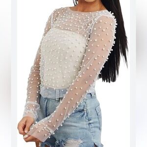 Sheer White Mesh-Polyester, Faux Pearl studded Top, Long Sleeve Layering Blouse